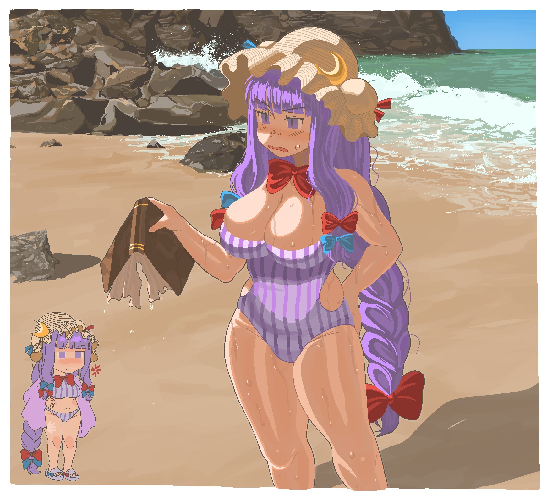 chzzei, patchouli knowledge, touhou, highres, 1girl, anger vein, annoyed, beach, belly, bikini, blue bow, blue ribbon, blunt bangs, blush, book, bow, bowtie, braid, breasts, chibi, chibi inset, closed mouth, crescent, crescent hat ornament, footwear bow, frown, hair bow, hat, hat ornament, hat ribbon, holding, holding book, large breasts, long hair, multiple hair bows, multiple views, ocean, one-piece swimsuit, open mouth, plump, purple bikini, purple eyes, purple hair, purple one-piece swimsuit, purple sandals, red bow, red ribbon, ribbon, rock, sand, sandals, single braid, small sweatdrop, striped bikini, striped clothes, striped one-piece swimsuit, sun hat, swimsuit, tan, tanline, vertical-striped bikini, vertical-striped clothes, vertical-striped one-piece swimsuit, very long hair, wet