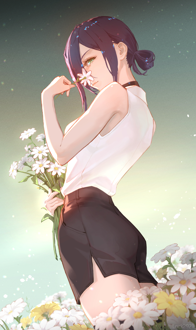 tenshin kagehisa, reze (chainsaw man), chainsaw man, commentary request, 1girl, black choker, black shorts, choker, field, flower, flower field, hair bun, holding, holding flower, purple hair, shirt, shirt tucked in, shorts, sleeveless, sleeveless shirt, smelling, smelling flower, solo, white flower, white shirt