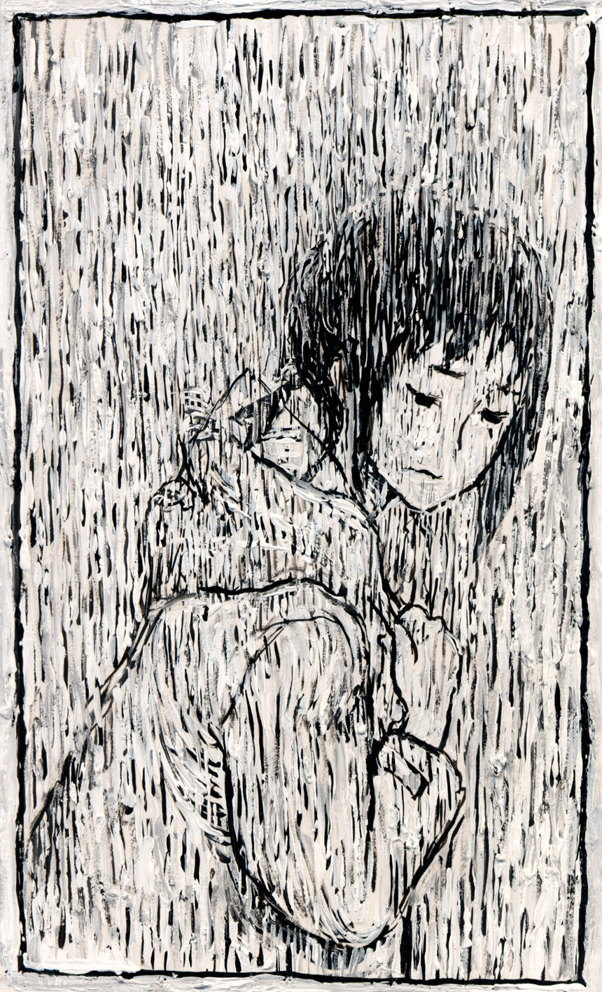 nababa, kaga ai, sayonara zetsubou sensei, bad id, bad pixiv id, highres, traditional media, 00s, 1girl, female focus, greyscale, monochrome, rain, raincoat, solo