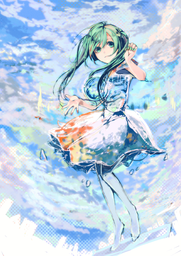 madori (sayuri5), hatsune miku, vocaloid, commentary request, abstract background, aqua eyes, aqua hair, aqua nails, ben-day dots, blue pantyhose, dress, full body, hair between eyes, hands up, knees together feet apart, long hair, longing (vocaloid), looking at viewer, medium dress, no shoes, orb, pantyhose, parted lips, screentones, short sleeves, sidelocks, twintails, water drop, white dress