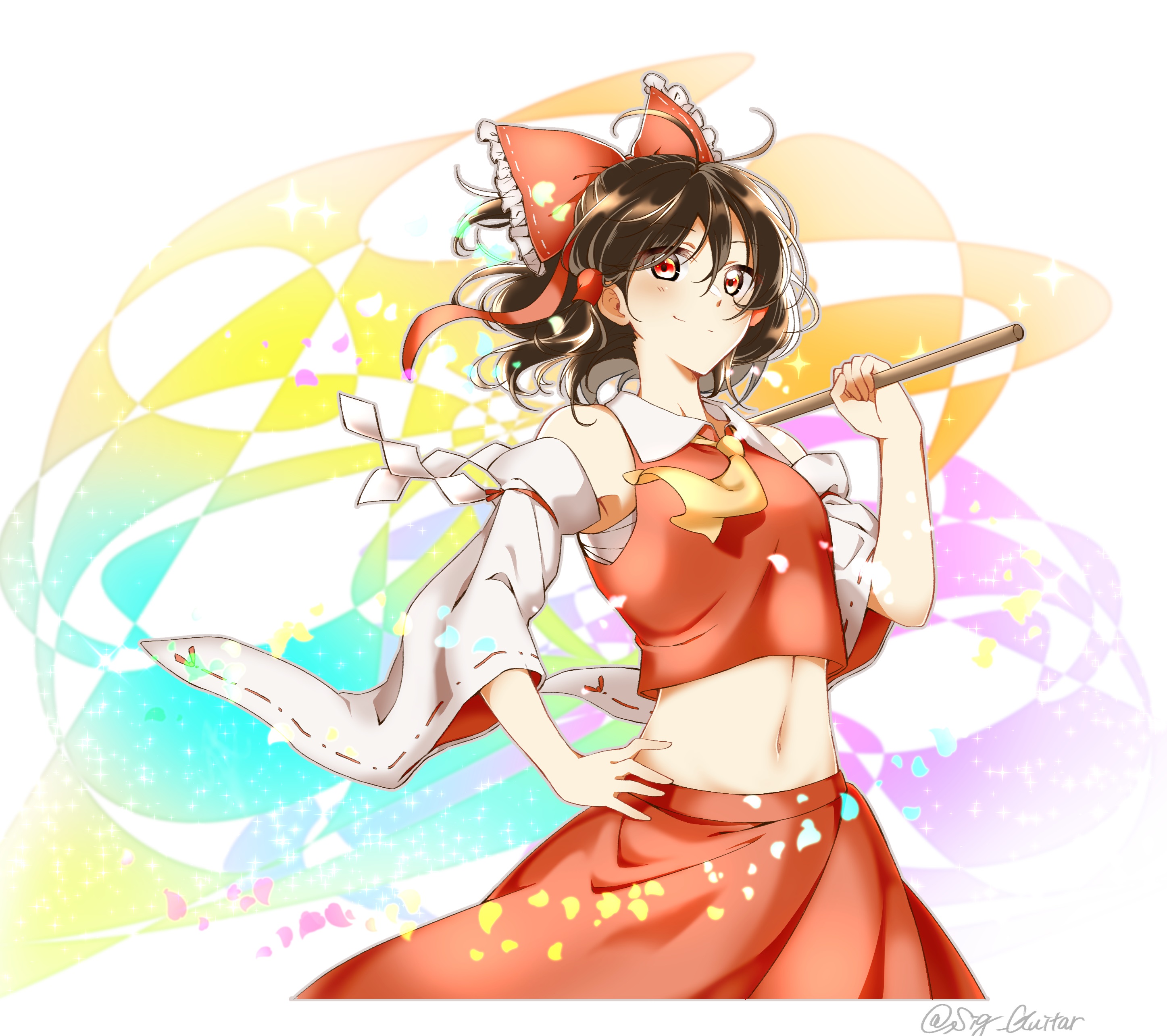 shigure (sigre), hakurei reimu, touhou, absurdres, highres, 1girl, bow, brown hair, closed mouth, crop top, detached sleeves, hair bow, hand on own hip, looking at viewer, medium hair, navel, red bow, red shirt, red skirt, shirt, skirt, smile, solo, white sleeves