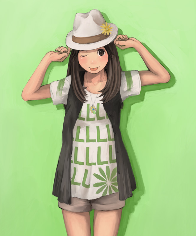 tamaru tokihiko, bad id, bad pixiv id, 1girl, ;p, brown eyes, brown hair, fedora, female focus, flower, hat, long hair, one eye closed, shadow, shorts, solo, standing, tongue, tongue out, wink