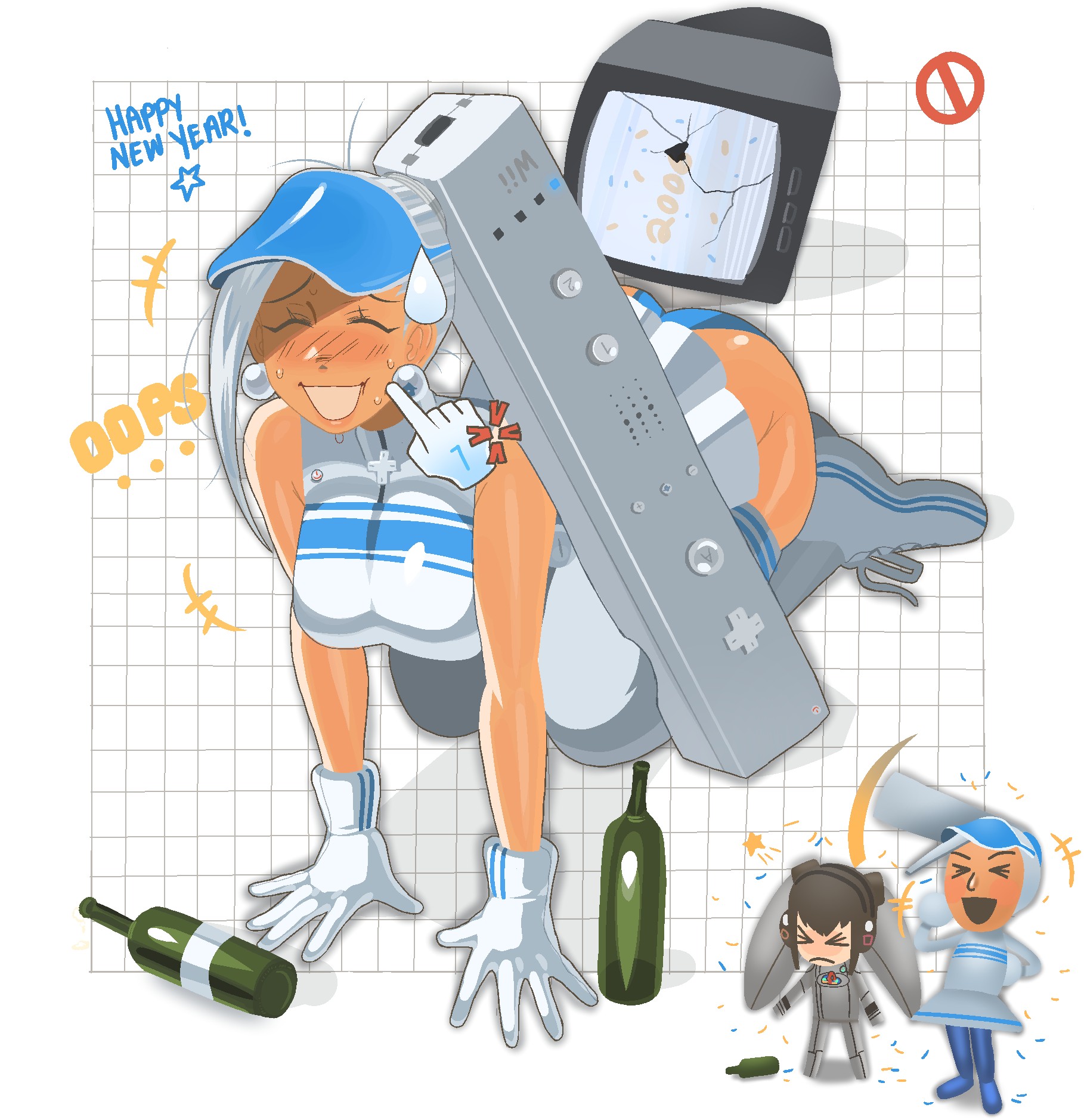 chzzei, mii (nintendo), nintendo, original, highres, > <, +++, 2girls, ^ ^, alcohol, all fours, anger vein, bare shoulders, blue hat, blue panties, blush, bottle, breasts, broken screen, broken tv, chibi, chibi inset, closed eyes, confetti, controller, crt, dark-skinned female, dark skin, disembodied hand, drunk, earrings, english text, furrowed brow, game console, game controller, gloves, grey hair, grid, happy new year, hat, jewelry, large breasts, miniskirt, multiple girls, new year, open mouth, oversized object, panties, personification, playstation 1, ponytail, shoes, skirt, sleeveless, sphere earrings, sweat, television, underwear, visor cap, white gloves, white shoes, white skirt, wii, wii remote, wine bottle