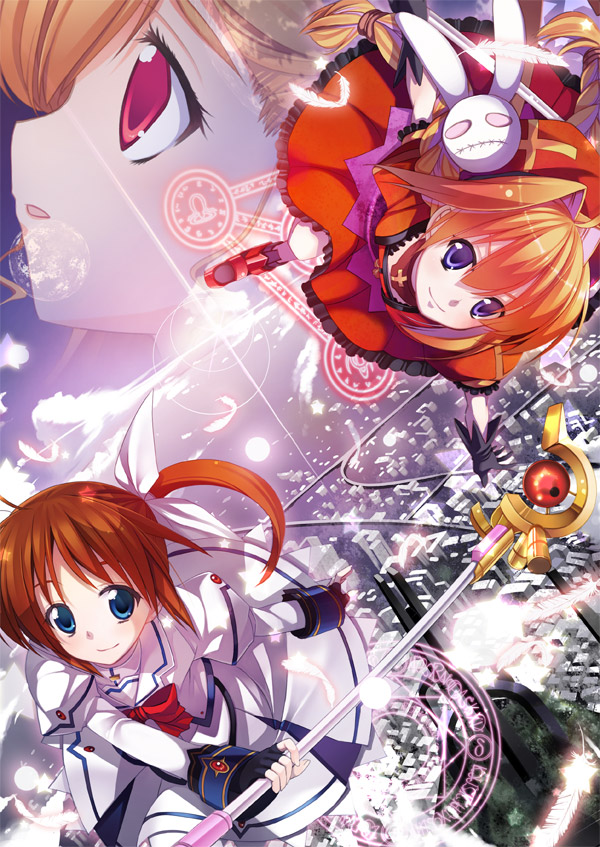 ikawa waki, raising heart, raising heart (accel mode), takamachi nanoha, takamachi nanoha (sacred mode), vita (nanoha), vivio, lyrical nanoha, mahou shoujo lyrical nanoha, mahou shoujo lyrical nanoha strikers, uniform, bad id, bad pixiv id, 00s, 3girls, blue eyes, bow, braid, brown hair, cityscape, cross, feathers, fingerless gloves, flying, from above, gloves, looking afar, looking at viewer, magic circle, multiple girls, puffy sleeves, purple eyes, red eyes, red hair, smile, twin braids, twintails