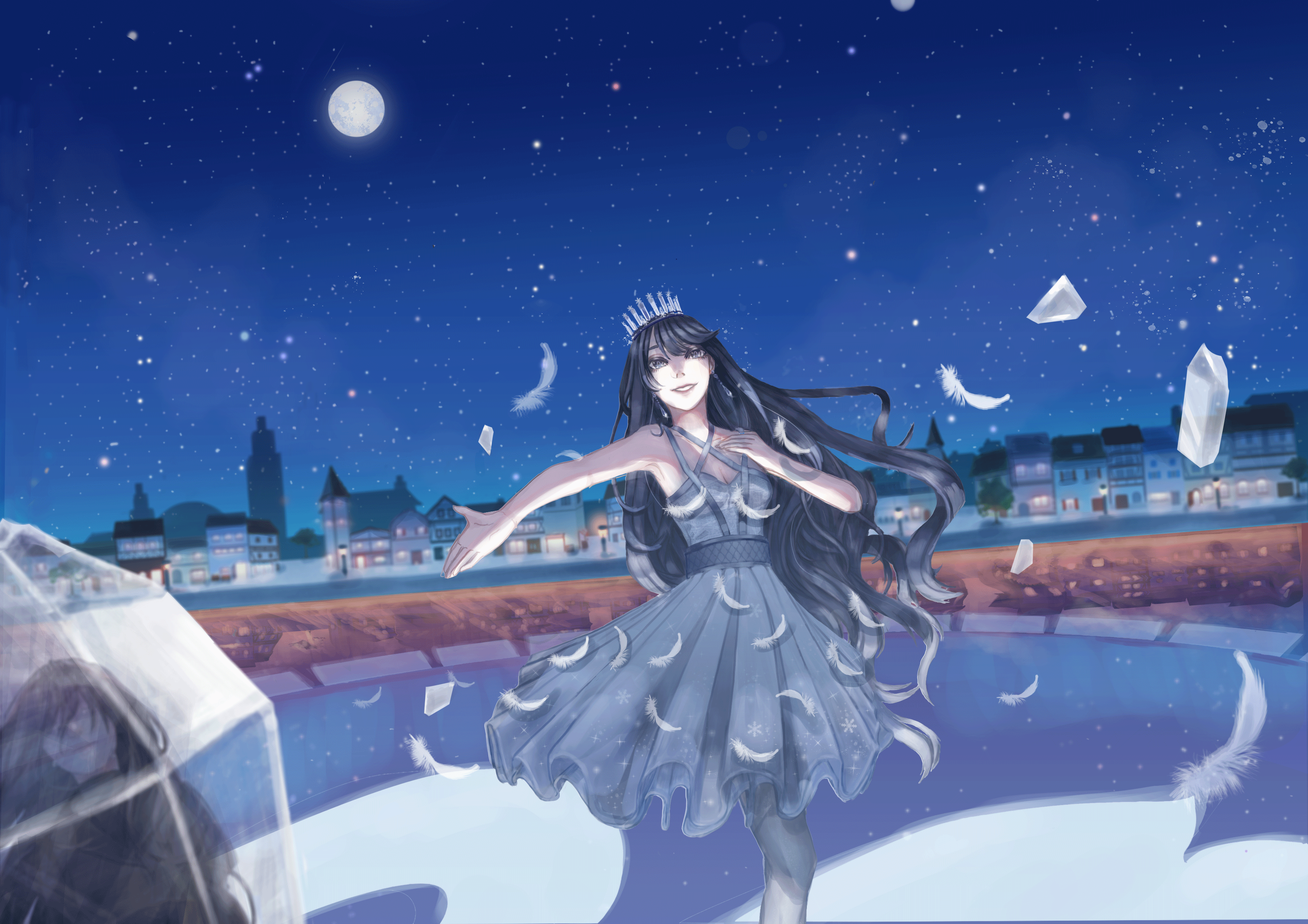 ashley (shining nikki), lilith (shining nikki), nikki (series), shining nikki, absurdres, commentary request, highres, bare arms, bare shoulders, bird, black hair, black pantyhose, blue eyes, breasts, cleavage, criss-cross halter, crown, dress, feathers, full moon, glass shards, grey dress, halterneck, hand on own stomach, happy, knees, lake, lipstick, long hair, looking at viewer, ma41dori, makeup, mascara, moon, night, night sky, open mouth, outdoors, outstretched arm, pantyhose, red lips, reflection, reflective water, sky, sleeveless, sleeveless dress, small breasts, smile, stage, star (sky), starry sky, swan, swept bangs, teeth, town, very long hair, wavy hair, white crown