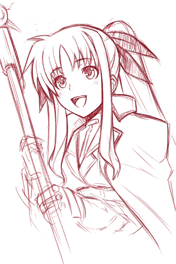 ha-ru, bardiche (nanoha), fate testarossa, fate testarossa (impulse form), lyrical nanoha, mahou shoujo lyrical nanoha, mahou shoujo lyrical nanoha strikers, bad id, bad pixiv id, traditional media, 00s, 1girl, female focus, long hair, monochrome, red theme, sketch, solo, staff, twintails
