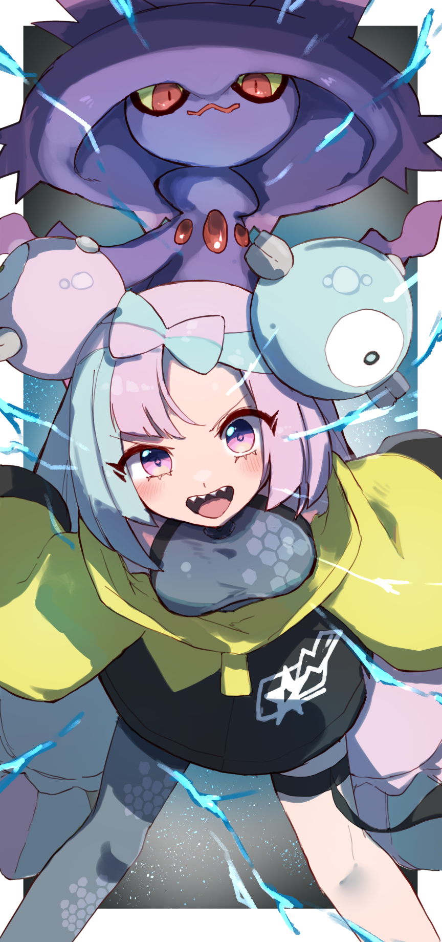 jamir, iono (pokemon), mismagius, nintendo, pokemon, pokemon sv, highres, 1girl, blue hair, blush, bow-shaped hair, breasts, character hair ornament, colored sclera, electricity, fake hair bun, gen 4 pokemon, ghost, grey pantyhose, hair ornament, halter shirt, halterneck, hat, hexagon print, jacket, long hair, long sleeves, looking at viewer, multicolored hair, open mouth, oversized clothes, pantyhose, pink hair, pokemon (creature), red eyes, sharp teeth, shirt, single leg pantyhose, sleeves past fingers, sleeves past wrists, smile, split-color hair, teeth, two-tone hair, upper teeth only, very long sleeves, witch hat, yellow eyes, yellow jacket, yellow sclera
