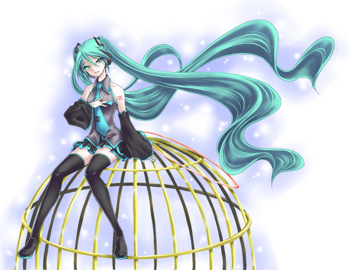tonyo (milky crown), hatsune miku, vocaloid, 1girl, aqua hair, detached sleeves, female focus, green eyes, legs, long hair, necktie, sitting, skirt, solo, thighhighs, twintails, very long hair, zettai ryouiki