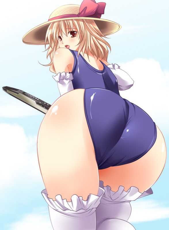 maki (seventh heaven maxion), kana anaberal, poltergeist, phantasmagoria of dim.dream, touhou, touhou (pc-98), 1girl, ass, blonde hair, elbow gloves, electric wind instrument, female focus, gloves, hat, instrument, looking back, one-piece swimsuit, purple one-piece swimsuit, purple school swimsuit, red eyes, school swimsuit, short hair, solo, swimsuit, thighhighs