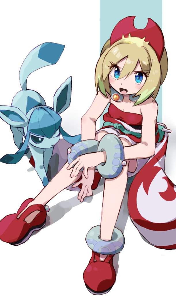 jamir, glaceon, irida (pokemon), nintendo, pokemon, pokemon legends: arceus, 1girl, blonde hair, blue eyes, blue fur, blue sclera, blush, bracelet, breasts, closed mouth, colored sclera, eyelashes, gen 4 pokemon, hair between eyes, hairband, jewelry, looking at viewer, neck ring, one eye closed, open mouth, pokemon (creature), red hairband, red shirt, sash, shirt, short hair, shorts, sitting, strapless, strapless shirt, tail, waist cape, white shorts