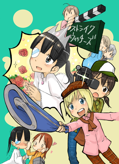 kumichou (kumichoubox), eila ilmatar juutilainen, erica hartmann, gertrud barkhorn, lynette bishop, minna-dietlinde wilcke, sakamoto mio, sanya v. litvyak, strike witches, world witches series, bad id, bad pixiv id, 00s, 6+girls, camcorder, camera, dress, multiple girls, princess, video camera