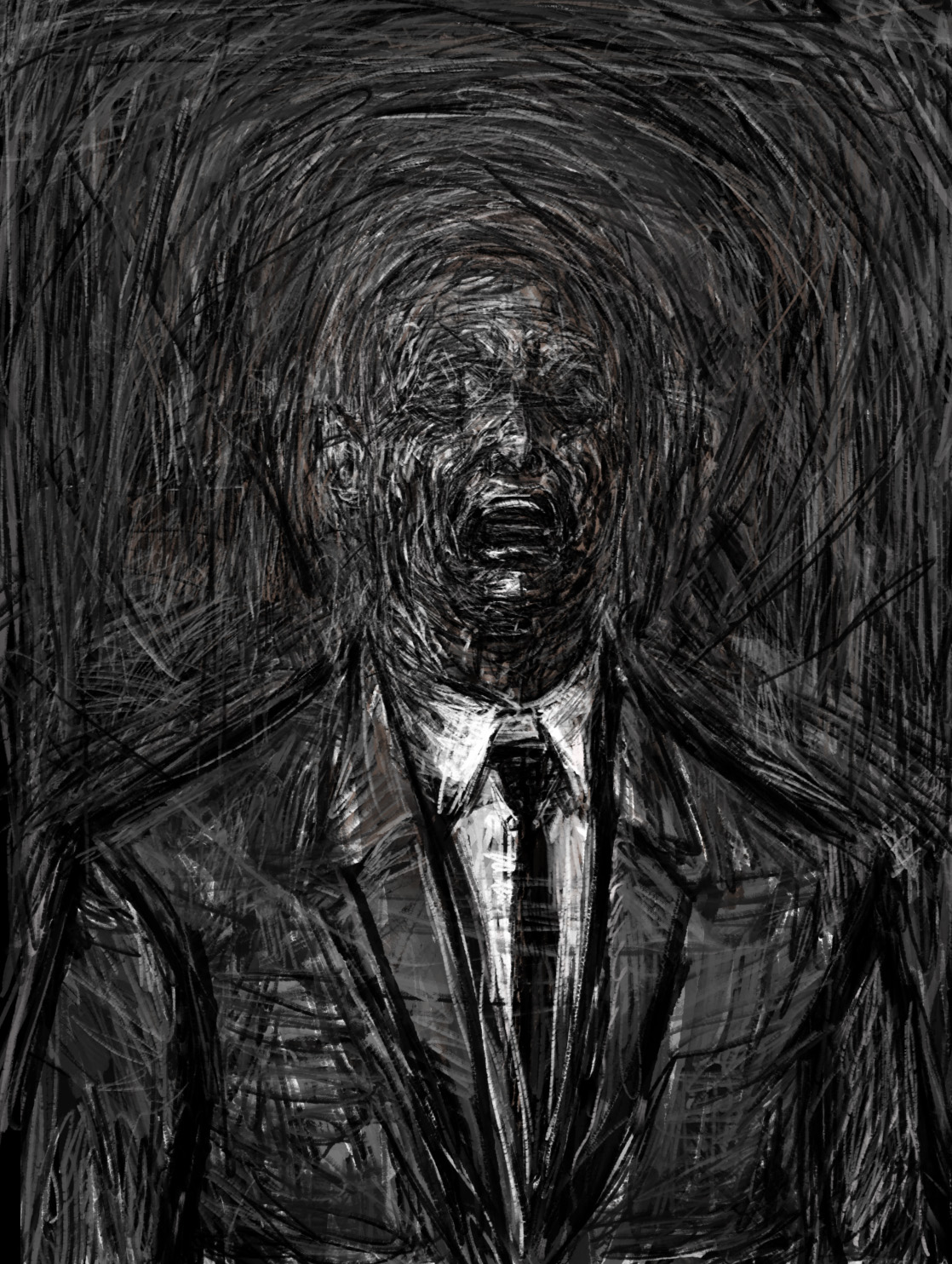 nababa, bad id, bad pixiv id, highres, traditional media, 1boy, business suit, creepy, fine art parody, formal clothes, greyscale, horror (theme), male focus, monochrome, necktie, no eyes, parody, solo, suit, what