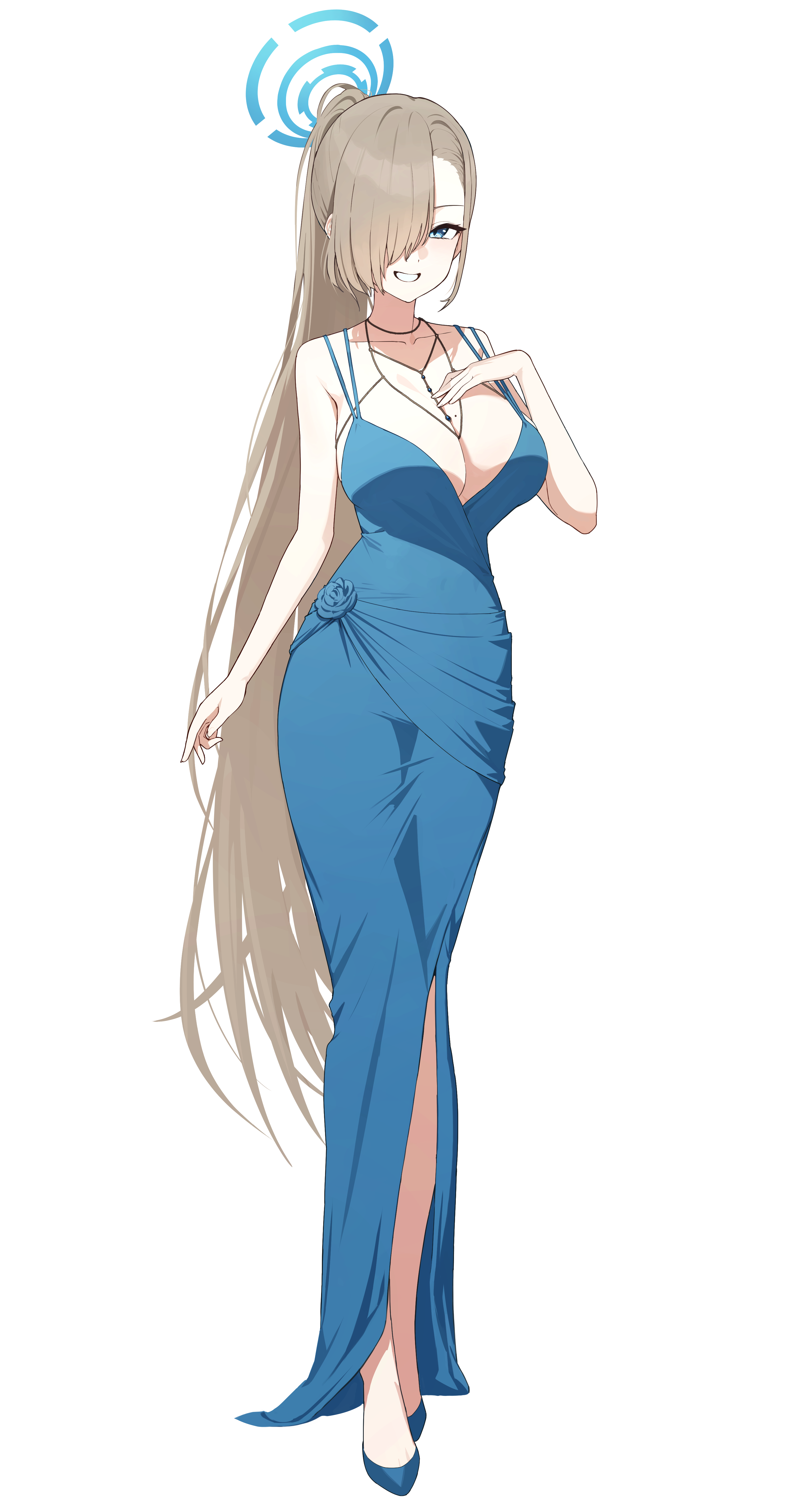 pyytato, asuna (blue archive), blue archive, absurdres, commentary, highres, 1girl, alternate costume, alternate hairstyle, arm at side, blue dress, blue eyes, blue flower, blue halo, blue rose, blue shoes, breasts, brown hair, cleavage, dress, dress flower, evening gown, eyelashes, flower, formal clothes, full body, grin, hair over one eye, halo, hand up, high heels, jewelry, large breasts, long bangs, long dress, long hair, looking at viewer, mole, mole on breast, necklace, no socks, one eye covered, ponytail, rose, shoes, simple background, sleeveless, sleeveless dress, smile, solo, spaghetti strap, standing, straight hair, tsurime, very long hair, white background