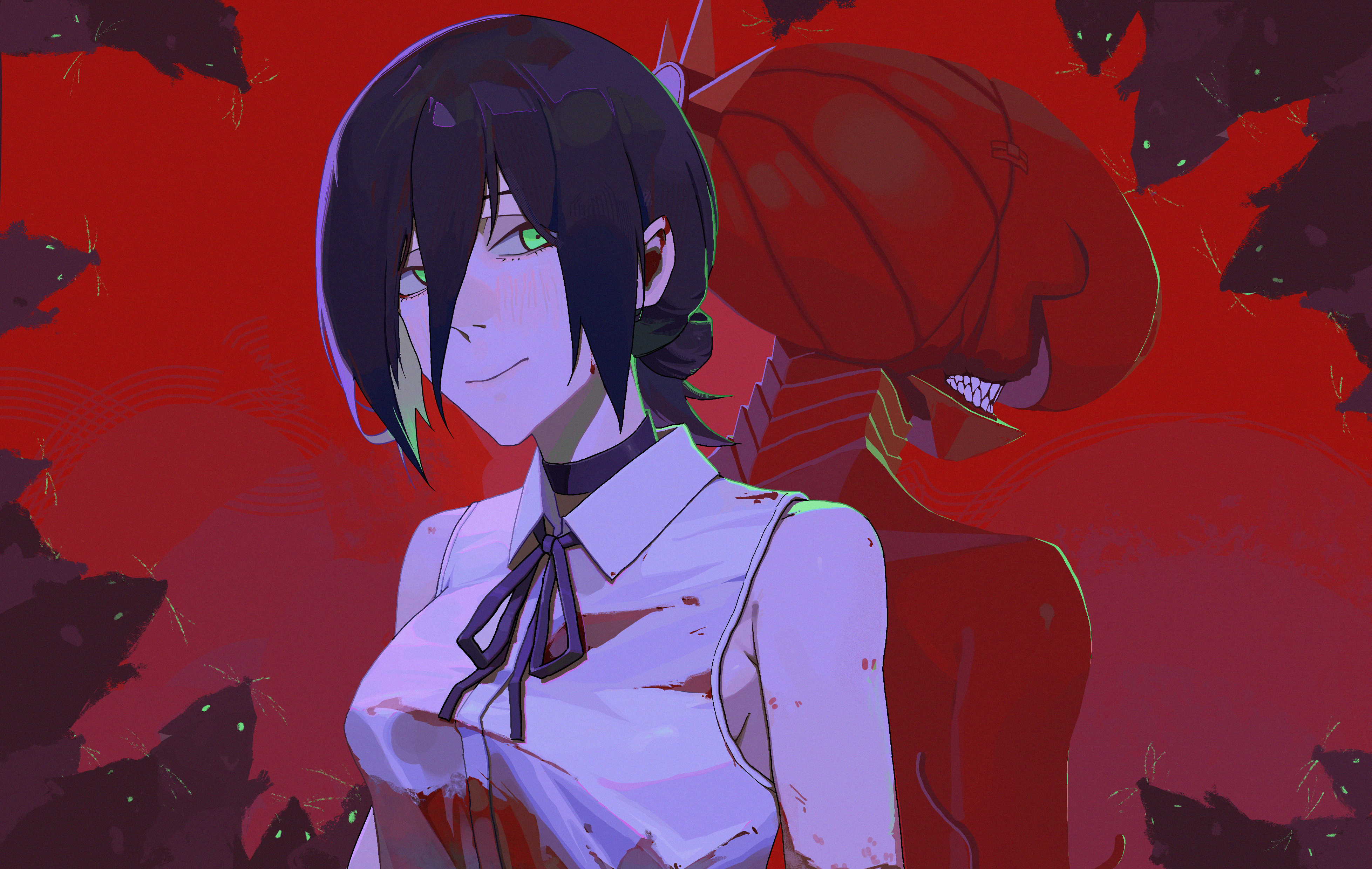 xiaowei8683651, bomb devil (chainsaw man), reze (chainsaw man), chainsaw man, absurdres, highres, 1girl, black choker, black hair, blood, blood on clothes, breasts, choker, green eyes, medium breasts, mouse (animal), neck ribbon, purple ribbon, ribbon, shirt, sleeveless, sleeveless shirt, white shirt