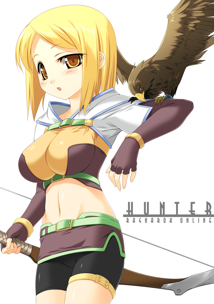 kinoshita ichi, hunter (ragnarok online), ragnarok online, 1girl, belt, blonde hair, bow, breasts, female focus, hunter, large breasts, solo, yellow eyes