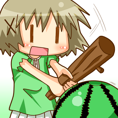 minami (colorful palette), yuno (hidamari sketch), hidamari sketch, lowres, non-web source, 00s, 1girl, ball, beachball, blush, brown hair, club (weapon), female focus, food, fruit, hair ornament, hairclip, open mouth, short hair, solo, stick, suikawari, watermelon, weapon, wide face, | |