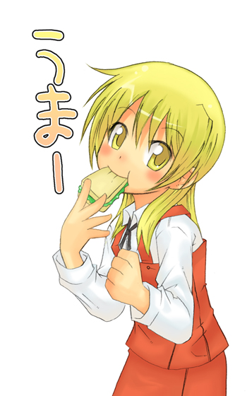 miyako (hidamari sketch), hidamari sketch, non-web source, 00s, blonde hair, eating, school uniform, yamabuki high school uniform, yellow eyes