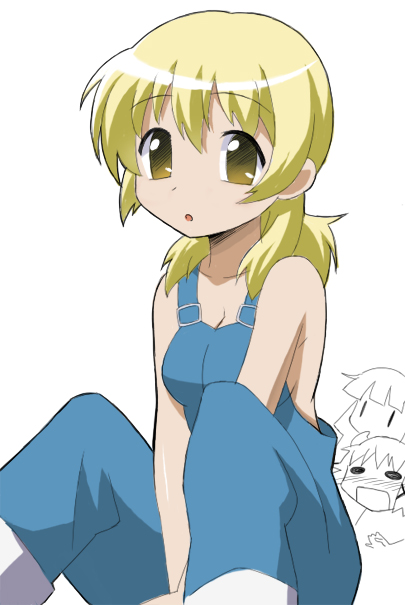 yn (rakugaki log), miyako (hidamari sketch), hidamari sketch, 00s, 1girl, bare shoulders, blonde hair, breasts, cleavage, female focus, looking at viewer, naked overalls, overalls, simple background, sitting, solo, white background, yellow eyes