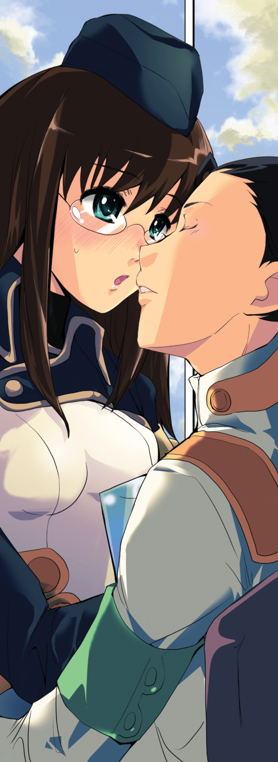 soyoking, kinon bachika, rossiu adai, tengen toppa gurren lagann, uniform, bad id, bad pixiv id, highres, 00s, 1boy, 1girl, aqua eyes, blush, brown hair, couple, garrison cap, glasses, green eyes, hat, hetero, long hair