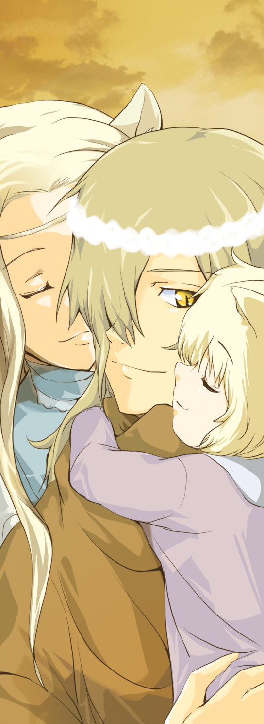soyoking, memusu, tsuuma, viral (ttgl), tengen toppa gurren lagann, bad id, bad pixiv id, highres, 00s, 1boy, 2girls, animal ears, blonde hair, child, circlet, closed eyes, family, head wreath, hug, multiple girls, smile, yellow eyes