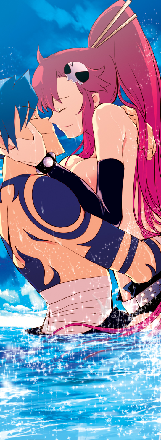 soyoking, kamina (ttgl), yoko littner, tengen toppa gurren lagann, bad id, bad pixiv id, highres, long image, tall image, 00s, 1boy, 1girl, bandages, belt, blue hair, bodypaint, breast press, breasts, closed eyes, couple, fingerless gloves, gloves, hair ornament, hetero, holding, long hair, nipples, ponytail, red hair, sarashi, shorts, sparkle, tattoo, topless female, water, wet