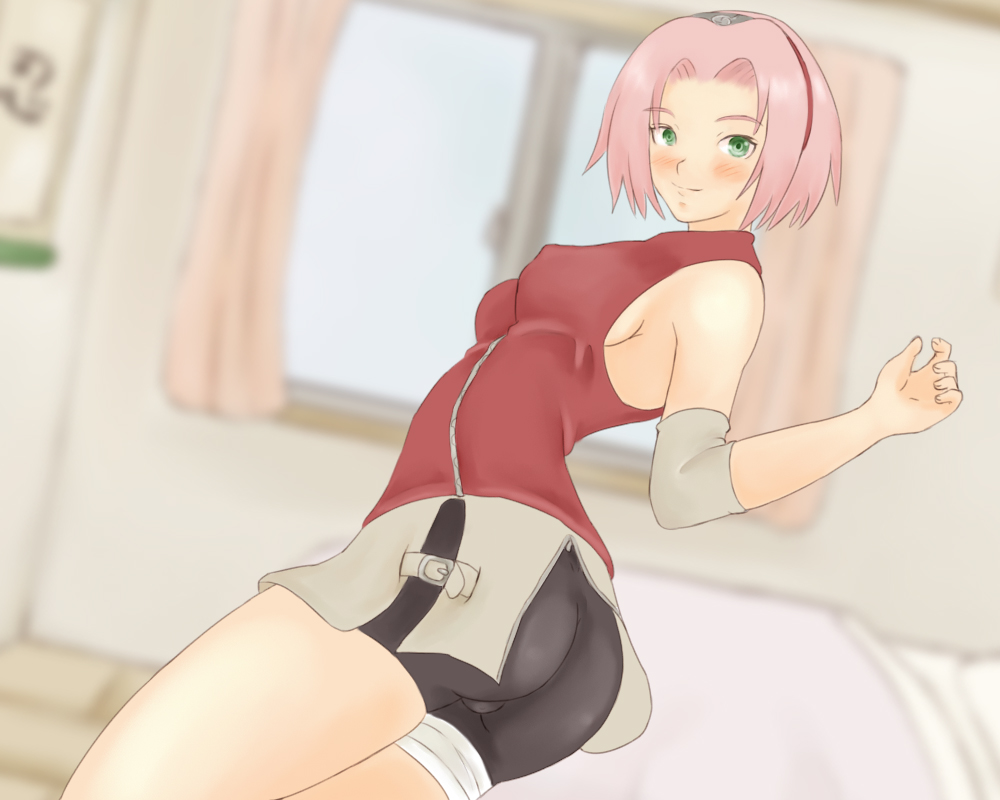 momo 765, rirakukan, haruno sakura, naruto (classic), naruto (series), naruto shippuuden, alternate breast size, 1girl, arm warmers, ass, bandages, bare shoulders, bike shorts, blurry, blush, breasts, cowboy shot, depth of field, female focus, green eyes, headband, headdress, impossible clothes, impossible shirt, indoors, konohagakure symbol, looking at viewer, looking back, miniskirt, no bra, pink hair, red shirt, shirt, short hair, short shorts, shorts, shorts under skirt, side slit, sideboob, skin tight, skirt, sleeveless, sleeveless shirt, smile, solo, spandex, thighs, white skirt, window