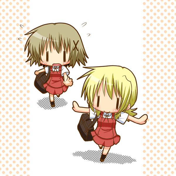 minami (colorful palette), miyako (hidamari sketch), yuno (hidamari sketch), hidamari sketch, 00s, 2girls, bag, blonde hair, blush, brown hair, chibi, hair ornament, multiple girls, open mouth, school uniform, shoes, short hair, smile, socks, wide face, yamabuki high school uniform, | |