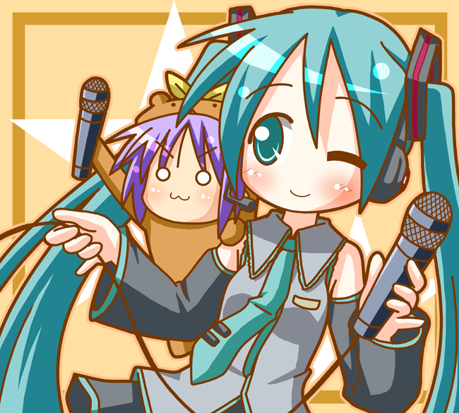 minami (colorful palette), bear tsukasa, capybara-san, hatsune miku, hiiragi tsukasa, lucky star, vocaloid, >:3, 00s, 2girls, :3, bare shoulders, blush, chibi, detached sleeves, headset, microphone, multiple girls, necktie, o o, pinky out, smile, twintails, v-shaped eyebrows, wink