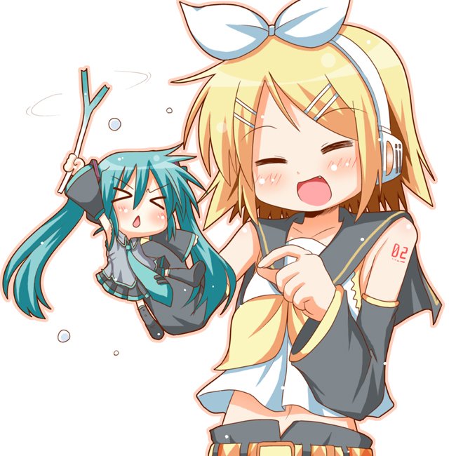 minami (colorful palette), chibi miku, hatsune miku, kagamine rin, vocaloid, > <, 2girls, = =, aqua hair, blush, chibi, closed eyes, detached sleeves, fang, hair ornament, hairclip, headset, midriff, multiple girls, navel, ribbon, smile, spring onion, thighhighs, twintails