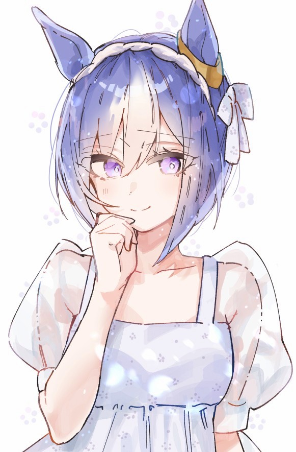 ueruko, cesario (umamusume), umamusume, 1girl, animal ears, blue hair, blush, bow, braid, breasts, closed mouth, collarbone, crown braid, dress, ear bow, ear ornament, hair between eyes, hair ornament, horse ears, horse girl, looking at viewer, multicolored hair, puffy short sleeves, puffy sleeves, purple eyes, short hair, short sleeves, smile, swimsuit, upper body, white bow, white dress, white hair