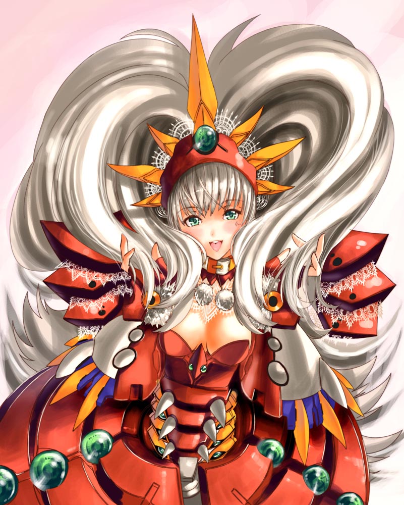 ky (nimbusky), ialdabaoth, banpresto, super robot wars, super robot wars compact 3, super robot wars original generation, super robot wars original generation gaiden, silver hair, 1girl, blush, breasts, female focus, gradient background, green eyes, lace, long hair, mecha musume, solo, very long hair