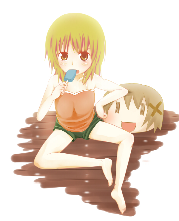 roas, rs (pixiv22589), miyako (hidamari sketch), yuno (hidamari sketch), hidamari sketch, touhou, bad id, bad pixiv id, 00s, 1girl, barefoot, blonde hair, brown hair, female focus, food, popsicle, short hair, shorts, sitting, solo, tank top, wide face, yukkuri shiteitte ne, | |, || ||