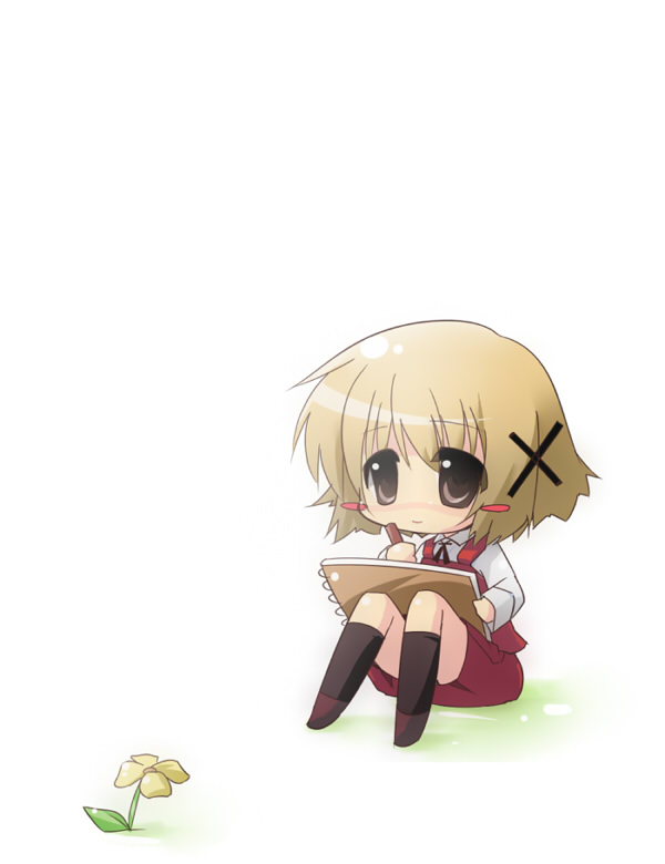 oka (bananashoe), yuno (hidamari sketch), hidamari sketch, 00s, 1girl, brown hair, chibi, drawing (action), female focus, flower, full body, on ground, school uniform, short hair, sitting, sketchbook, solo, white background, yamabuki high school uniform