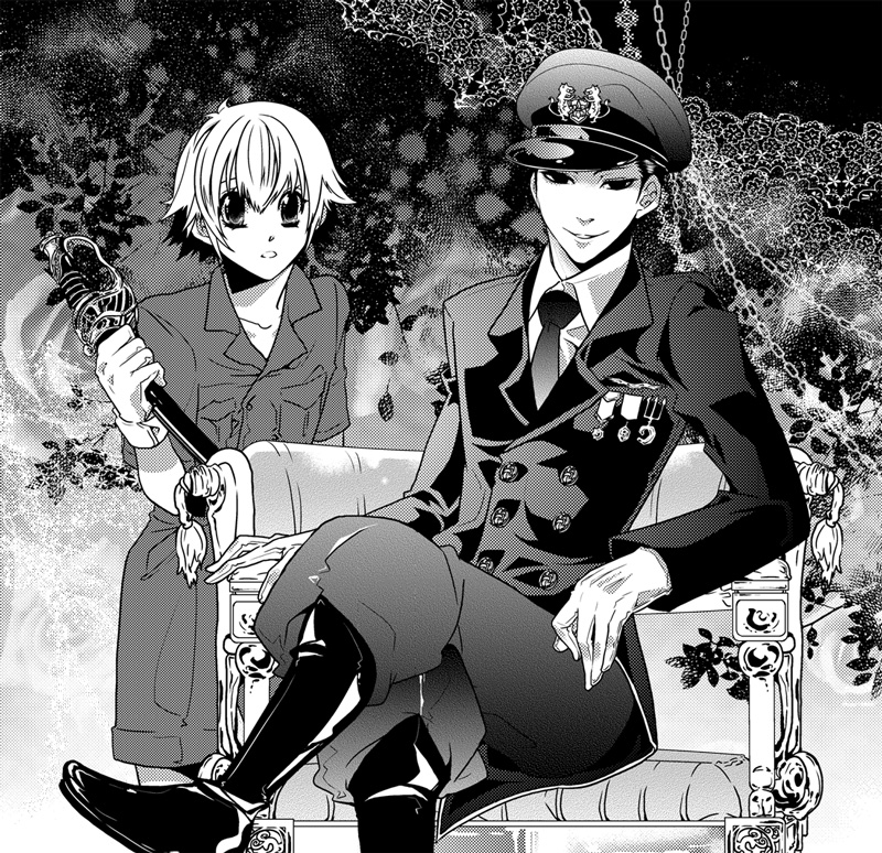 kondoru, original, bad id, bad pixiv id, 1boy, 1girl, boots, gloves, greyscale, military, military uniform, monochrome, naval uniform, necktie, short hair, smile, sword, weapon