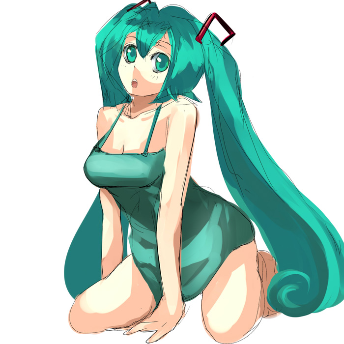 suoni (deeperocean), hatsune miku, vocaloid, 1girl, barefoot, breasts, female focus, green eyes, green hair, large breasts, long hair, matching hair/eyes, sketch, solo, twintails