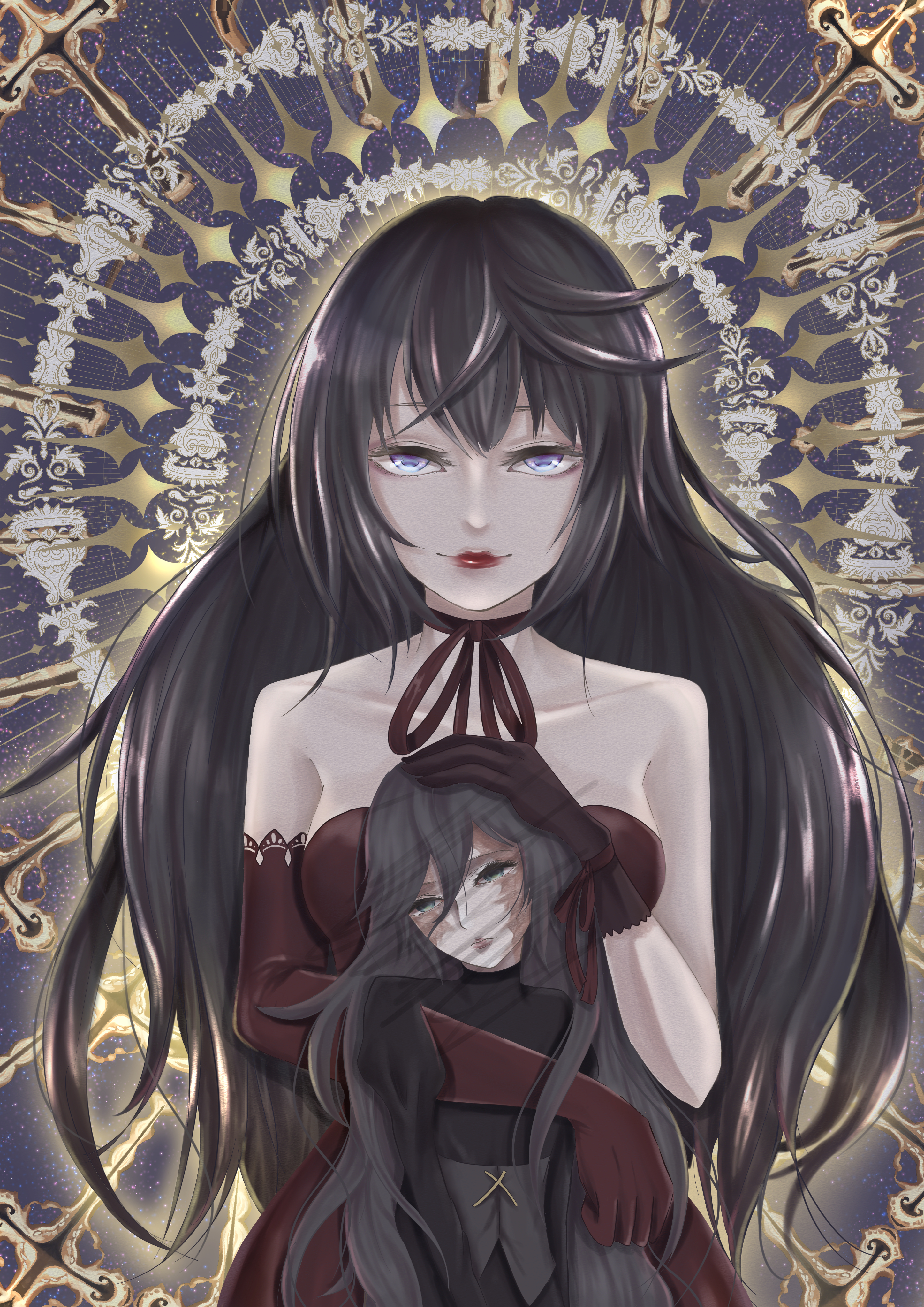cadavere6918, ashley (shining nikki), lilith (shining nikki), nikki (series), shining nikki, absurdres, commentary request, highres, 1girl, abstract background, asymmetrical gloves, bare shoulders, black gloves, black hair, blue eyes, breasts, cleavage, closed mouth, cowboy shot, doll, dress, elbow gloves, gloves, hair between eyes, happy, holding, holding doll, lace, lace-trimmed gloves, lace trim, lipstick, long hair, loose hair strand, makeup, mascara, medium breasts, mismatched gloves, neck ribbon, outline, red dress, red gloves, red lips, red ribbon, ribbon, single elbow glove, smile, solo, straight-on, strapless, strapless dress, very long hair, wavy hair, yellow outline