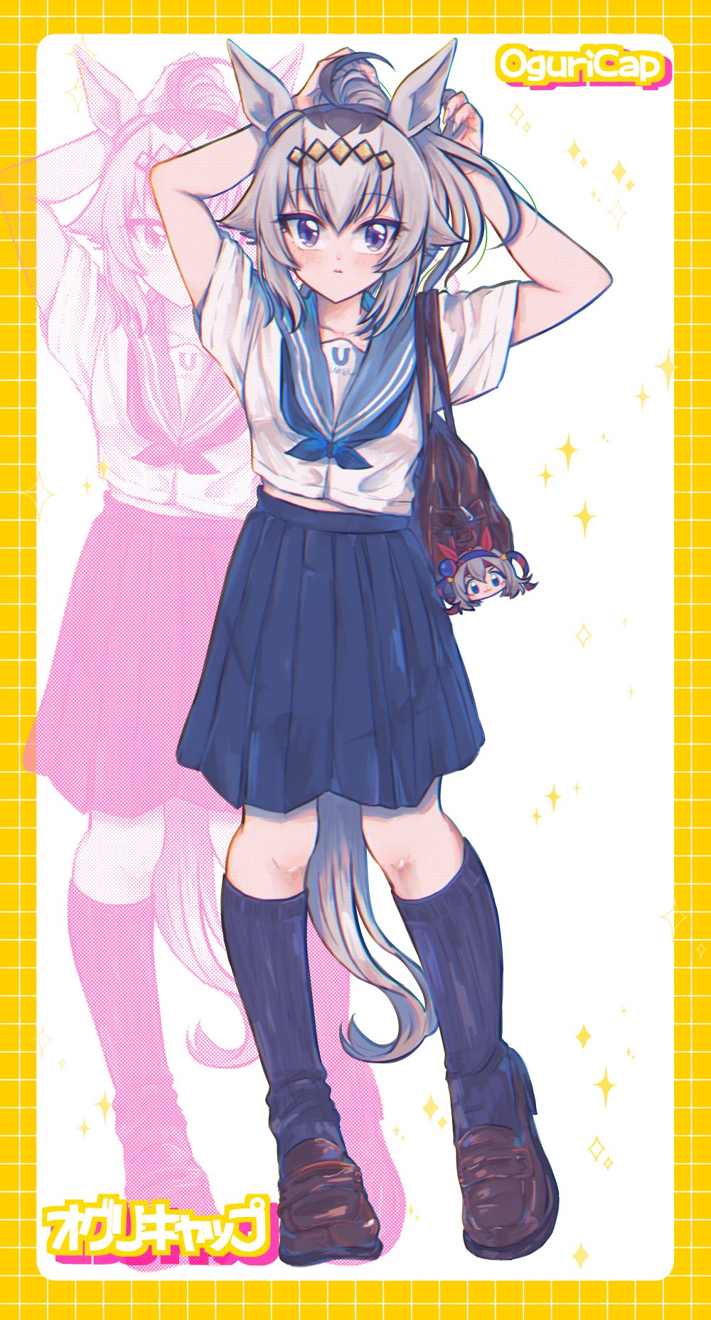 obaa-chan (golden retriever), oguri cap (umamusume), tamamo cross (umamusume), umamusume, umamusume: cinderella gray, highres, 1girl, ahoge, animal ears, bag, bag charm, blue eyes, blue hairband, blue neckerchief, blue sailor collar, blue skirt, blue socks, blush, character charm, charm (object), closed mouth, ear covers, ear ornament, grey hair, grey tail, hair between eyes, hair ornament, hairband, headband, horse ears, horse girl, horse tail, kneehighs, long hair, looking at viewer, multicolored hair, neckerchief, pleated skirt, ponytail, red headband, sailor collar, school bag, shirt, shoes, short sleeves, shoulder bag, skirt, socks, striped clothes, striped hairband, tail, tying hair, white shirt, zoom layer