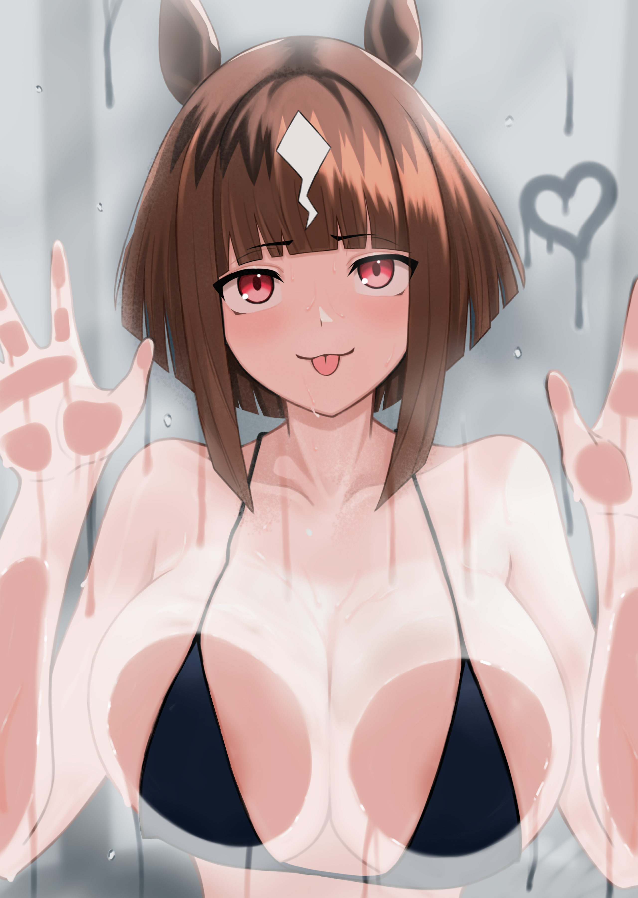 onekotanland, transcend (umamusume), umamusume, absurdres, commentary request, highres, 1girl, :p, against glass, alternate costume, animal ears, bikini, black bikini, blush, breast press, breasts, brown hair, cleavage, collarbone, heart, horse ears, horse girl, large breasts, multicolored hair, red eyes, short hair, sidelocks, smile, solo, streaked hair, swimsuit, tongue, tongue out, wet, white hair