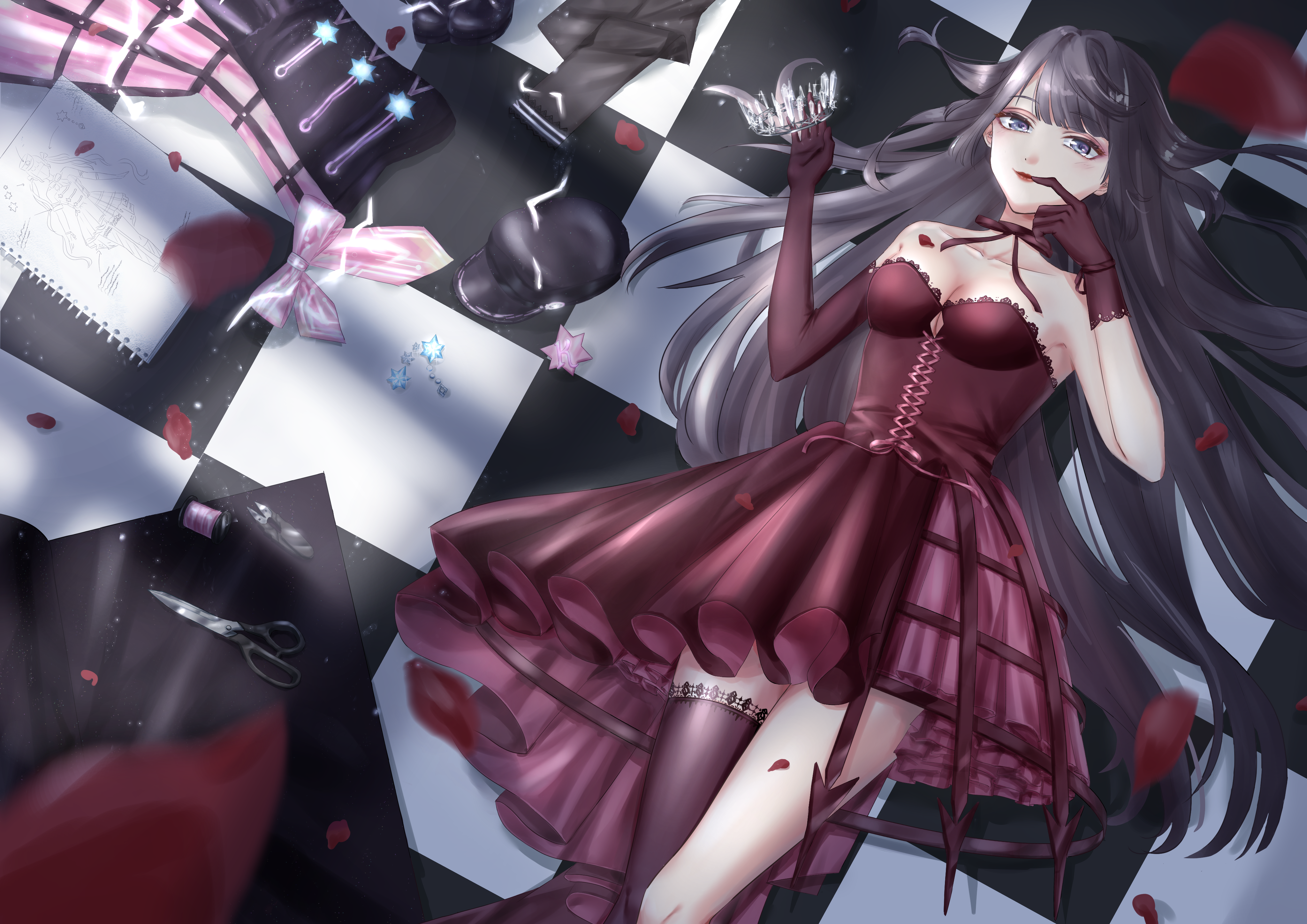 lilith (shining nikki), nikki (series), shining nikki, absurdres, highres, asymmetrical gloves, blue eyes, bow, bow choker, bowtie, checkered floor, choker, closed mouth, colored petticoat, cross-laced clothes, cross-laced dress, crown, drawing (object), dress, elbow gloves, eyeshadow, falling petals, finger to mouth, gloves, grey hair, holding, holding crown, knees, lace, lace-trimmed dress, lace-trimmed gloves, lace-trimmed thighhighs, lace trim, layered dress, light blush, light particles, light rays, lipstick, long hair, lying, makeup, mascara, mochi (pixiv 65959589), notebook, on back, on floor, petals, pink eyeshadow, red bow, red bowtie, red choker, red dress, red gloves, red lips, red thighhighs, rose petals, scissors, single bare leg, single elbow glove, single thighhigh, smile, strapless, strapless dress, thighhighs, train (clothing), two side up, unworn clothes, very long hair, voice of desire (shining nikki)
