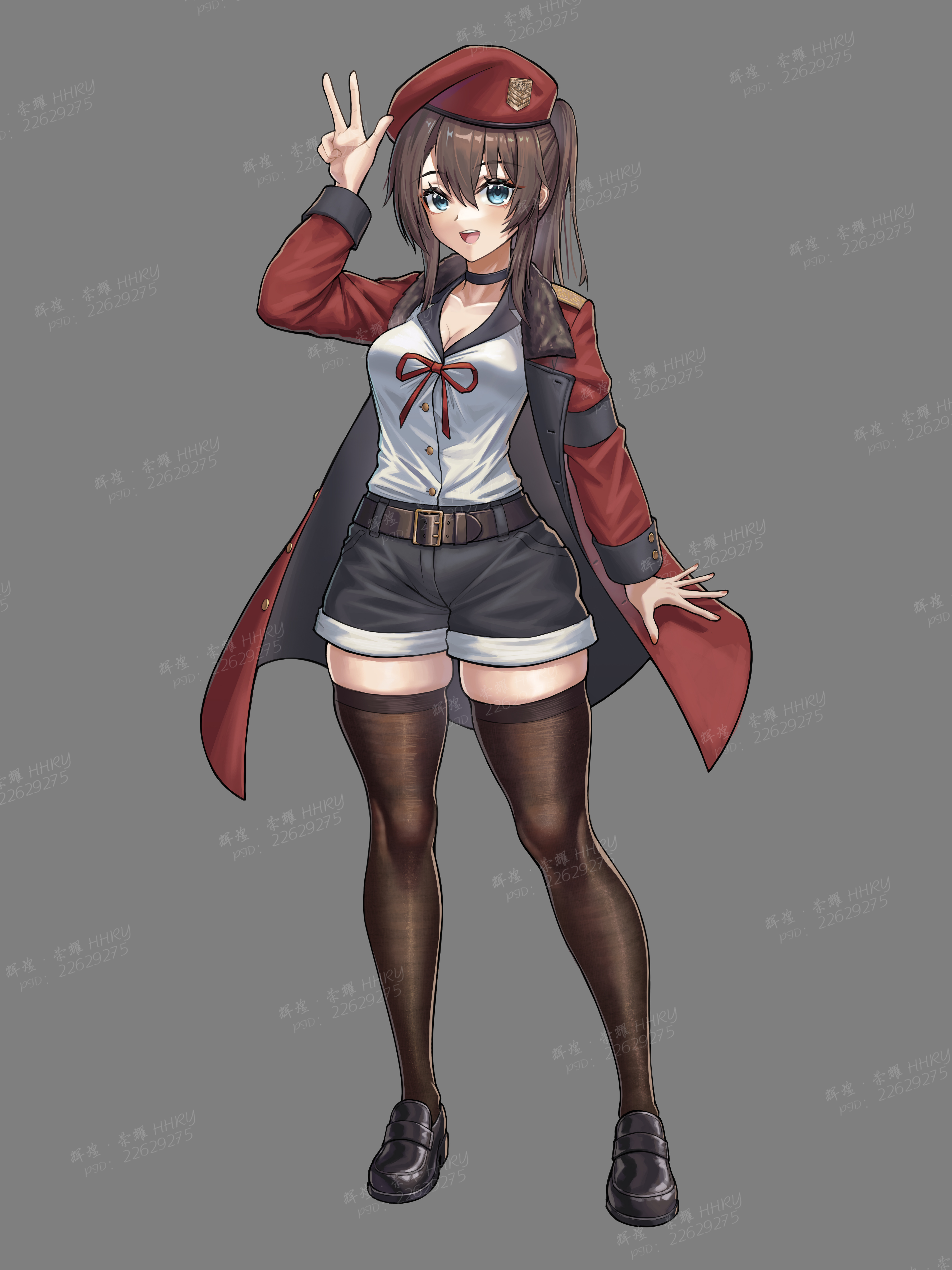 huihuang rongyao, commander (girls' frontline), female commander (girls' frontline), termichan (not-a-bot), girls' frontline, original, absurdres, commission, highres, belt, black choker, black thighhighs, blue eyes, breasts, choker, cleavage, coat, grey background, griffin & kryuger military uniform, journey in the auspicious snow (girls' frontline), large breasts, loafers, looking at viewer, peace symbol, red coat, red ribbon, ribbon, shiny footwear, shirt, shoes, simple background, thighhighs, watermark, white shirt