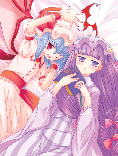 nanao yuki, patchouli knowledge, remilia scarlet, touhou, 2girls, blue hair, book, crescent hat ornament, dress, female focus, hat, hat ornament, long hair, multiple girls, purple eyes, purple hair, red eyes, wings