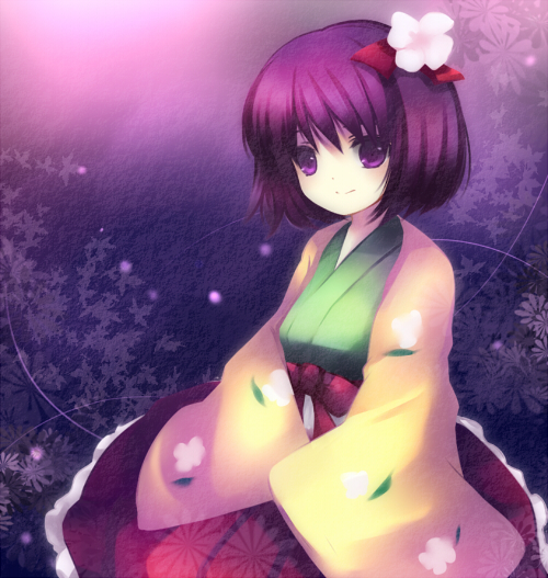 takase kanan, hieda no akyuu, perfect memento in strict sense, touhou, 1girl, female focus, flower, hair flower, hair ornament, japanese clothes, plant, purple eyes, purple hair, short hair, solo