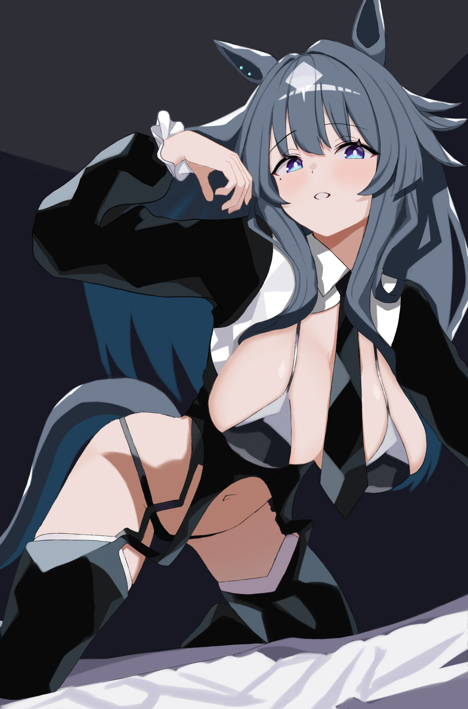 onekotanland, verxina (umamusume), umamusume, commentary request, highres, 1girl, alternate costume, animal ear piercing, animal ears, bed, bikini, black bikini, black jacket, black necktie, black thighhighs, blue eyes, blue hair, blush, breasts, garter straps, hair between eyes, horse ears, horse girl, horse tail, jacket, kneeling, large breasts, long hair, long sleeves, looking at viewer, multicolored hair, navel, necktie, on bed, open clothes, open jacket, parted lips, solo, stomach, streaked hair, swimsuit, tail, thighhighs, very long hair, white hair