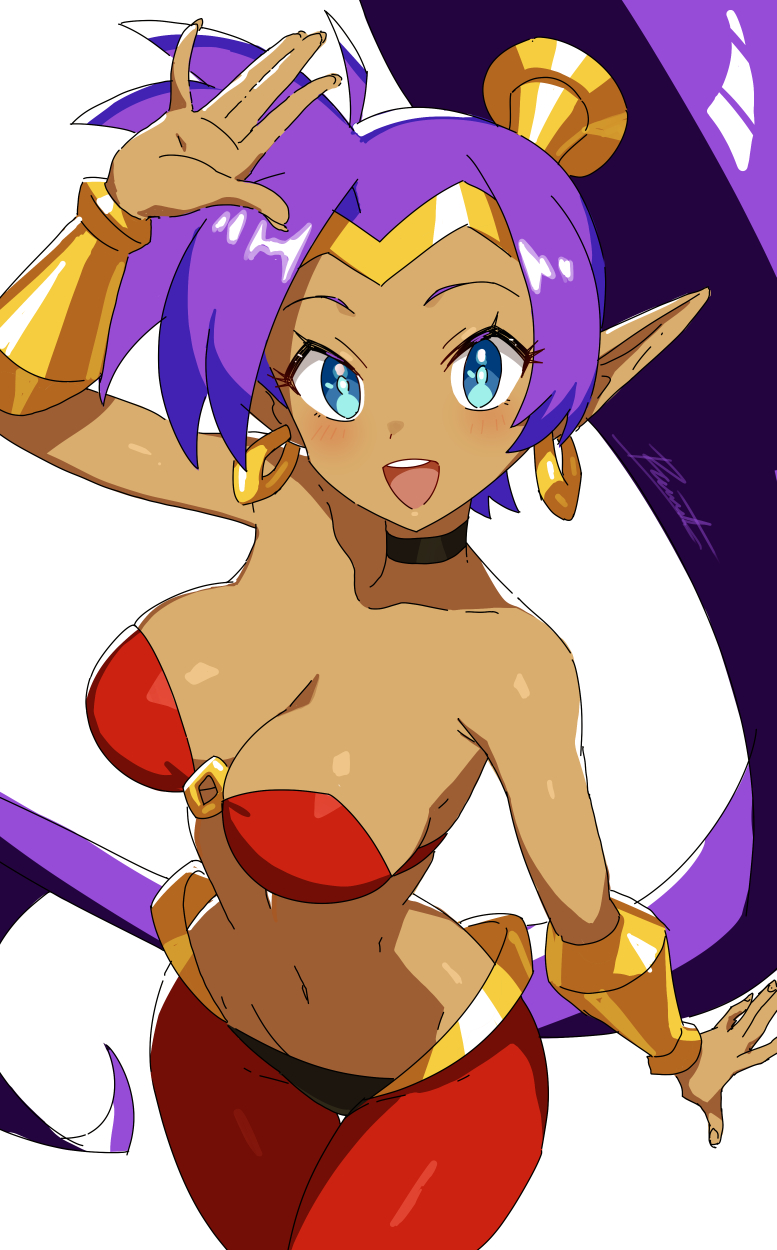 revenantart, shantae, shantae (series), highres, 1girl, bandeau, big hair, blue eyes, bracer, breasts, choker, circlet, cleavage, collarbone, dark-skinned female, dark skin, earrings, from above, gold bracer, hoop earrings, jewelry, long hair, looking at viewer, medium breasts, navel, o-ring, o-ring top, open mouth, pants, pointy ears, ponytail, purple hair, signature, smile, solo, stomach, very long hair, white background