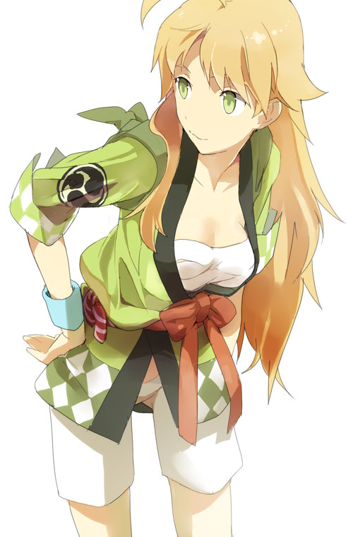 tanu, hoshii miki, idolmaster, idolmaster (classic), looking away, 00s, 1girl, ahoge, bent over, blonde hair, female focus, green eyes, hands on own hips, happi, japanese clothes, leaning forward, long hair, mitsudomoe (shape), sarashi, shorts, solo, sweatband, tomoe (symbol)