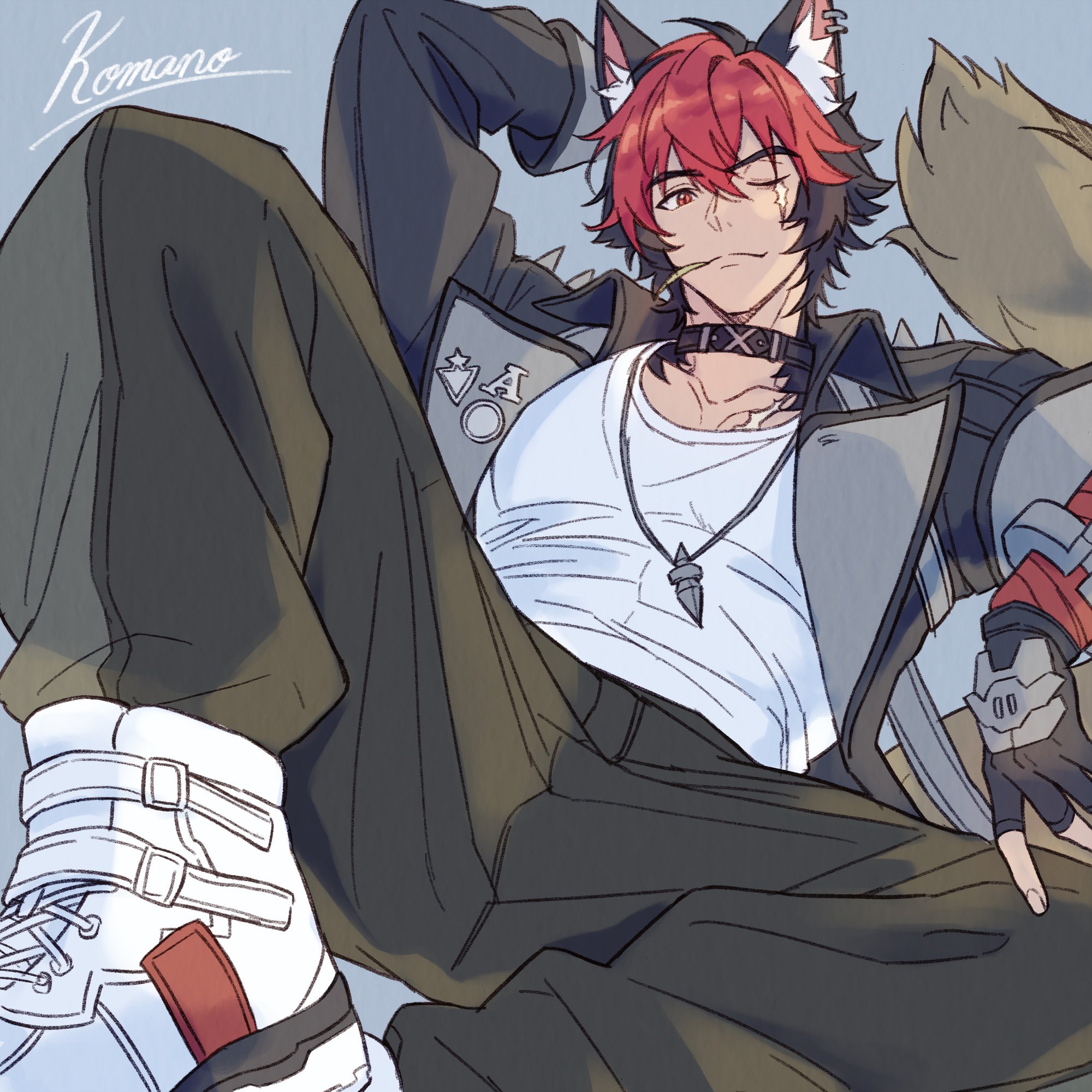 dwun pubg, komano manato, zenless zone zero, commentary request, highres, 1boy, animal ears, black choker, black hair, black jacket, character name, choker, dog boy, dog ears, fingerless gloves, gloves, jacket, jewelry, male focus, multicolored hair, necklace, pectorals, red eyes, red hair, scar, scar across eye, scar on face, shirt, short hair, solo, white shirt