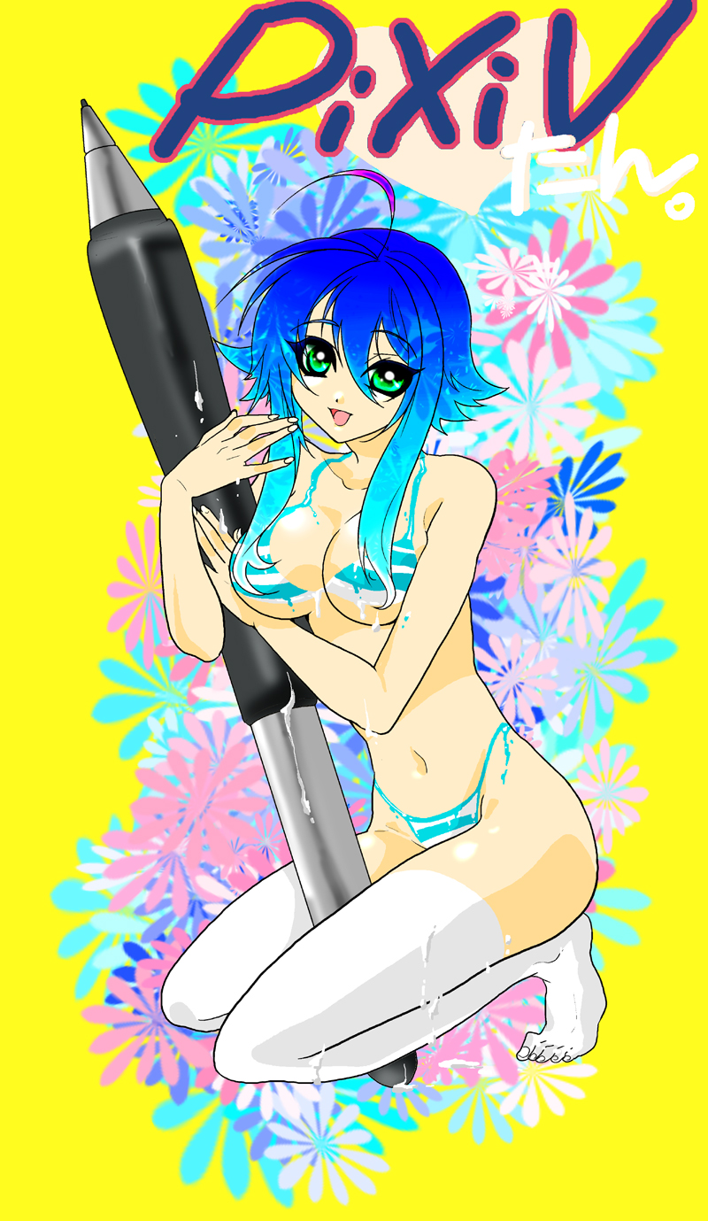 kondoru, pixiv-tan, pixiv, bad id, bad pixiv id, highres, 1girl, ahoge, aqua hair, barefoot, bikini, blue hair, bodypaint, covered erect nipples, female focus, flower, gradient hair, green eyes, kneeling, looking at viewer, multicolored hair, navel, painted clothes, pen, short hair, solo, striped bikini, striped clothes, swimsuit, thighhighs, white thighhighs