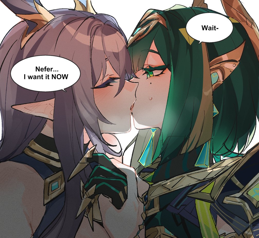 rekka, lauma (genshin impact), nefer (genshin impact), genshin impact, hashtag-only commentary, 2girls, black gloves, blush, closed eyes, ear blush, english text, gloves, green eyes, green hair, grey hair, holding hands, kiss, long hair, medium hair, mole, mole under eye, multicolored hair, multiple girls, pointy ears, shirt, simple background, sleeveless, sleeveless shirt, speech bubble, streaked hair, sweat, white background, yuri