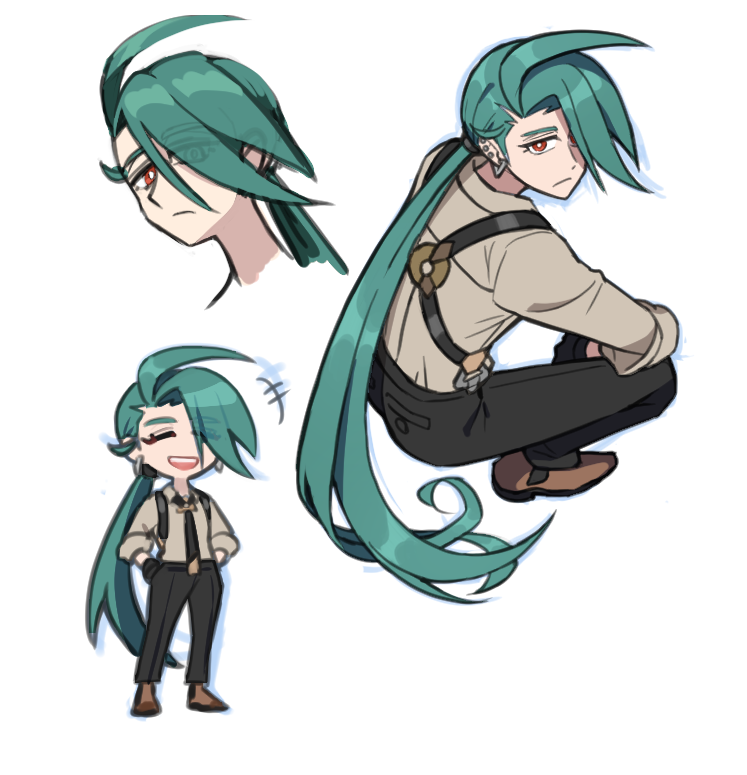 botamochi (exwelder), nintendo, pokemon, pokemon sv, 1girl, ahoge, androgynous, black gloves, black necktie, black pants, bright pupils, brown shoes, chibi, chibi inset, closed eyes, collared shirt, earrings, full body, gloves, green hair, jewelry, long hair, looking at viewer, multiple views, necktie, pants, ponytail, red eyes, reverse trap, shirt, shoes, simple background, smile, solo, suspenders, triangle earrings, white background, white pupils