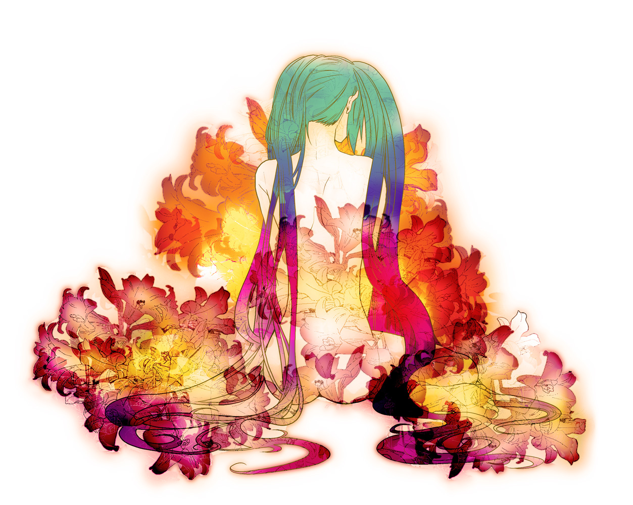 kondoru, hatsune miku, vocaloid, back, flower, long hair, multicolored hair, nude, solo, very long hair